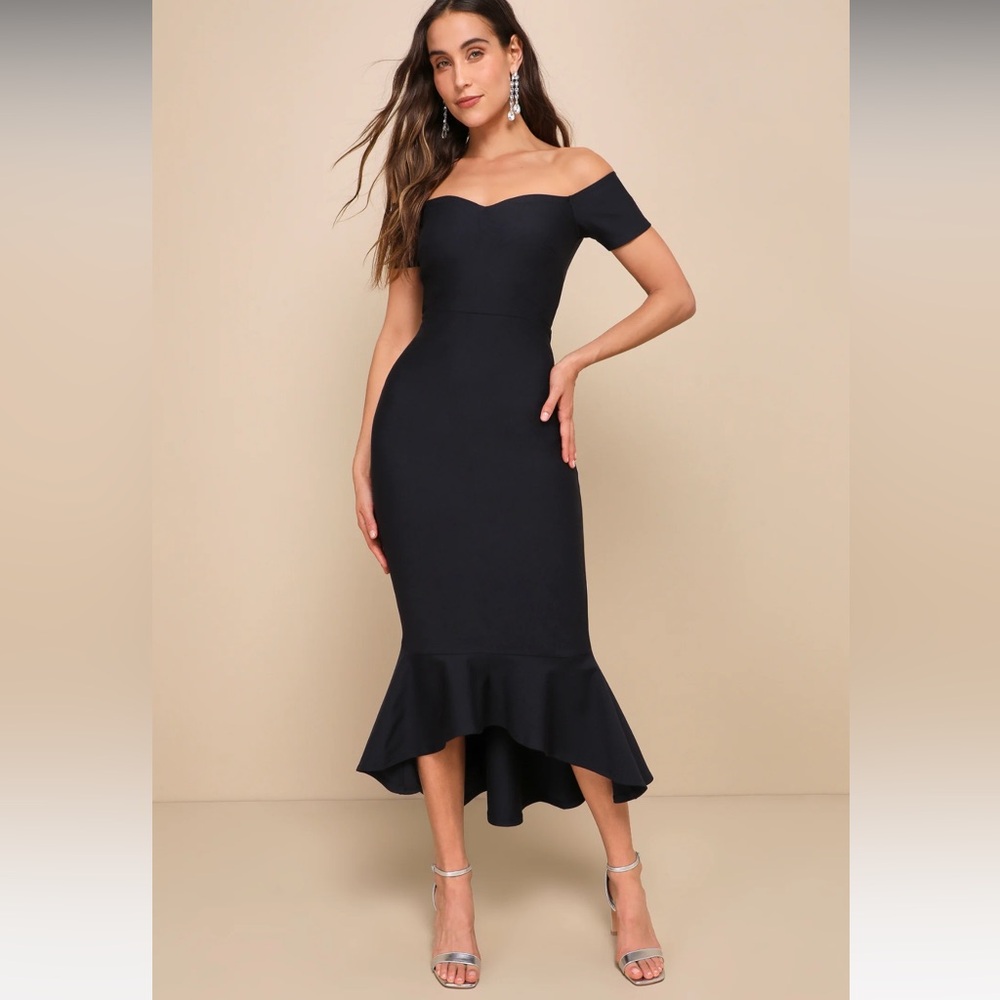 How Much I Care Midnight Blue Off-the-Shoulder Midi Dress